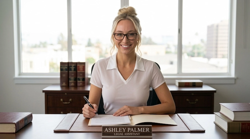 Ashley Palmer taking notes at her desk