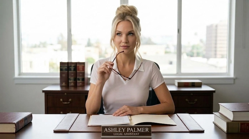 Ashley Palmer thinking, holding her glasses