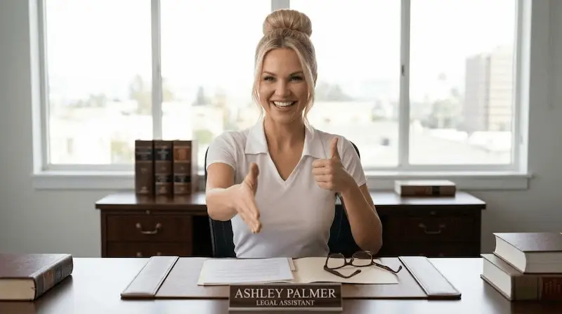Ashley Palmer, legal assistant, smiling and reaching out to shake hands
