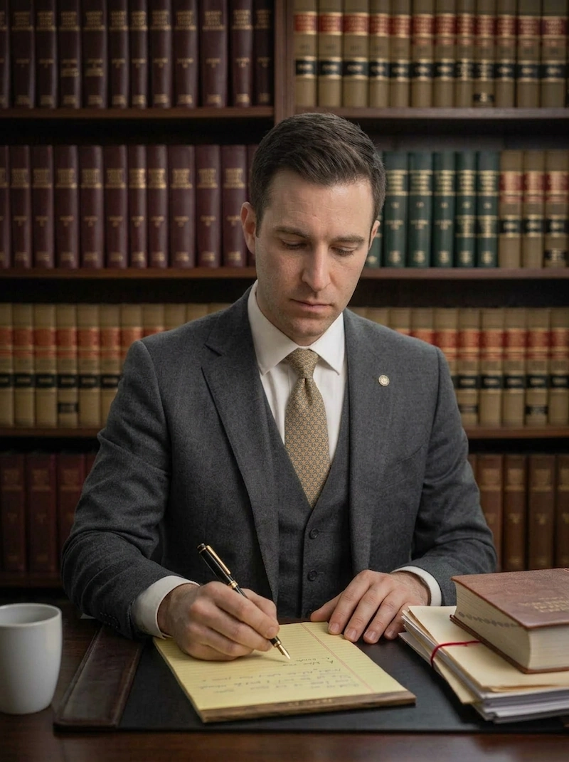 Paralegal writing notes on a legal pad