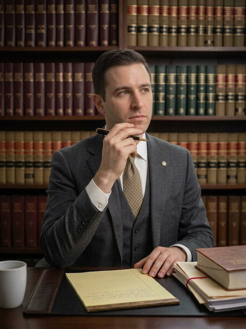 Paralegal thinking, pen to his chin